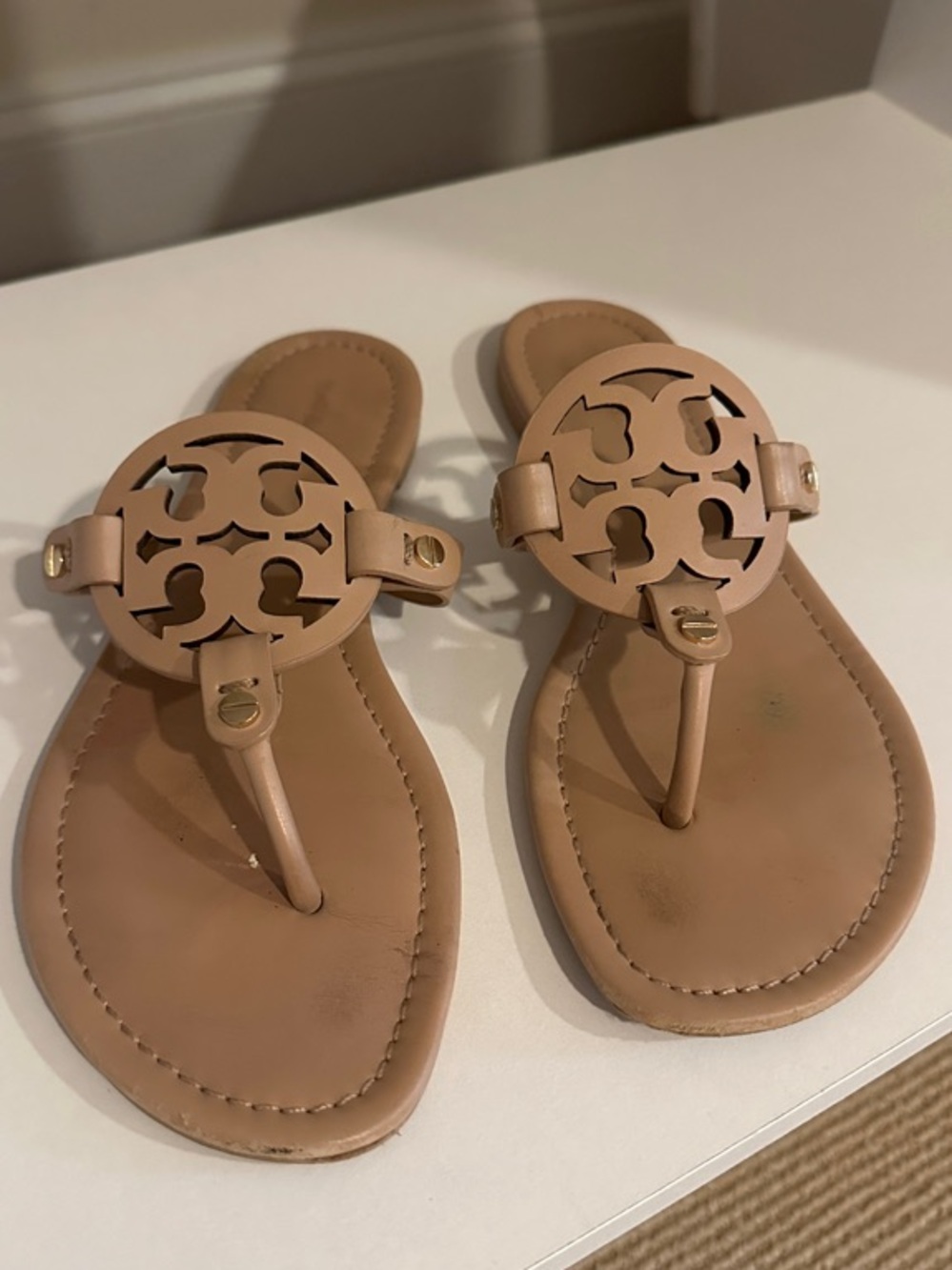 Tory Burch Tan Leather Miller Logo Thong Sandals